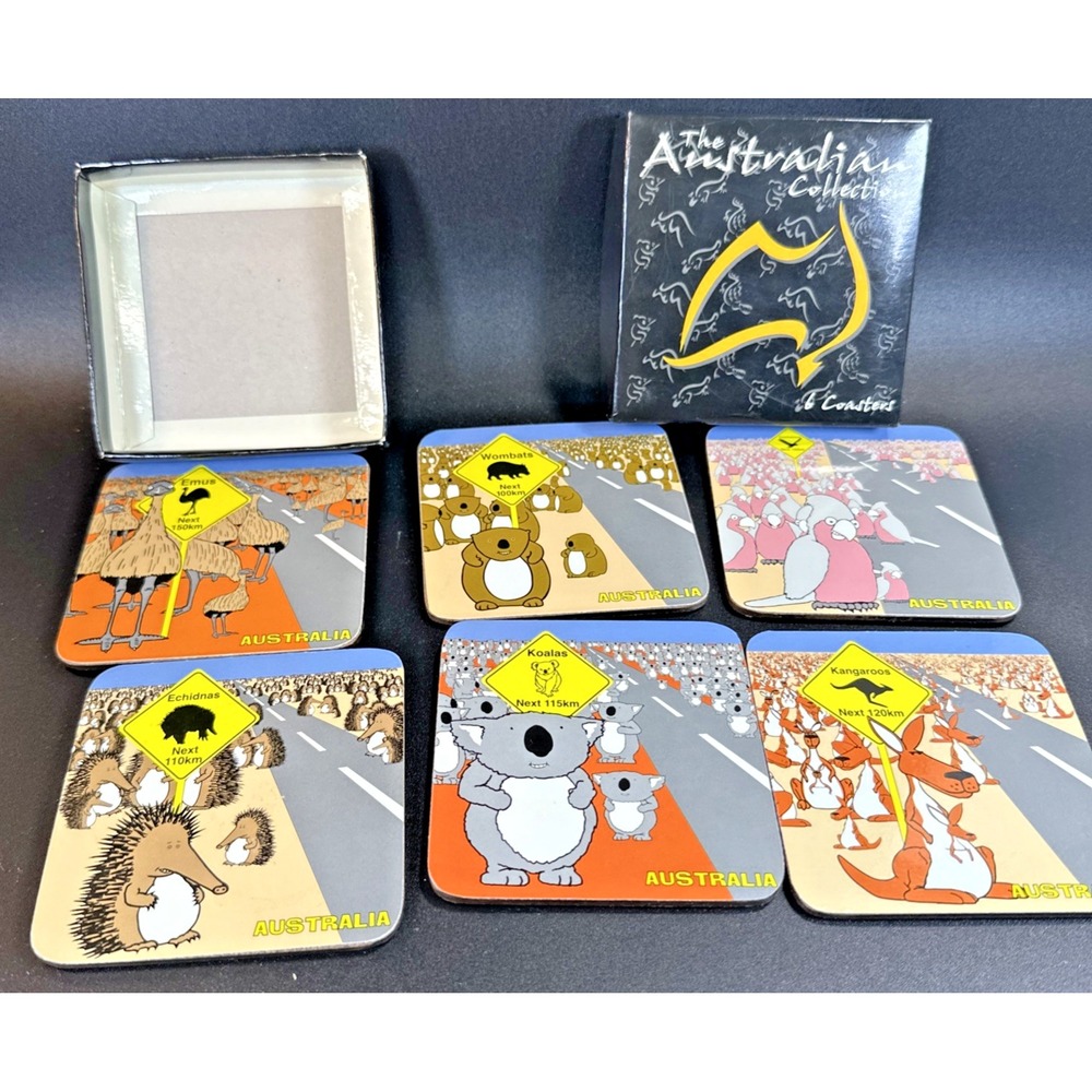 Set Of 6 Coasters  Australian Collection Koala Kangaroo Birds  4x4" NIB